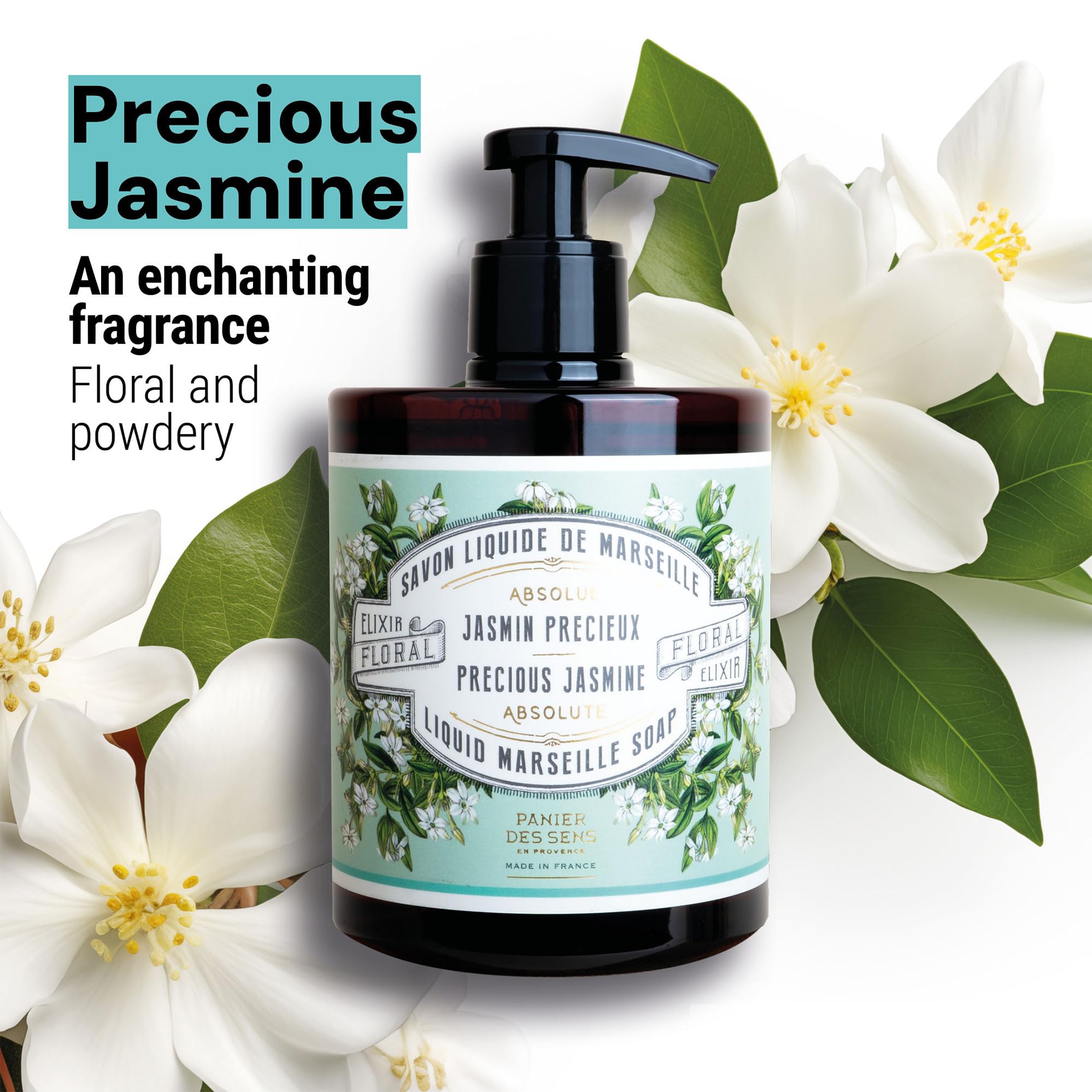 Panier des Sens Jasmine hand soap pump-dispense provides easy, refillable bathroom hand care.