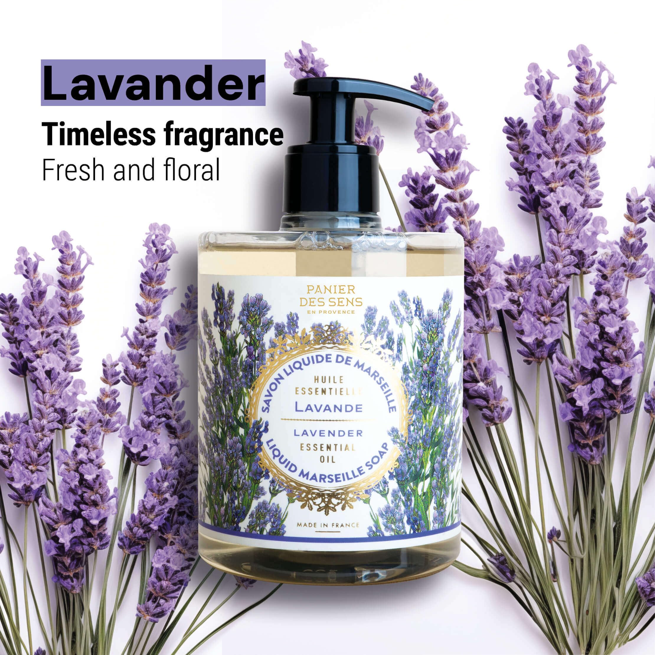 Panier des Sens lavender hand soap bottle close-up shows soothing scent and nourishing formula