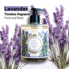 Panier des Sens lavender hand soap bottle close-up shows soothing scent and nourishing formula