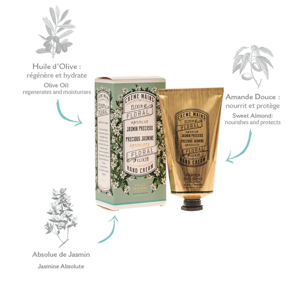 Panier des Sens Jasmin Hand Cream almond oil close-up highlighting nourishing ingredients