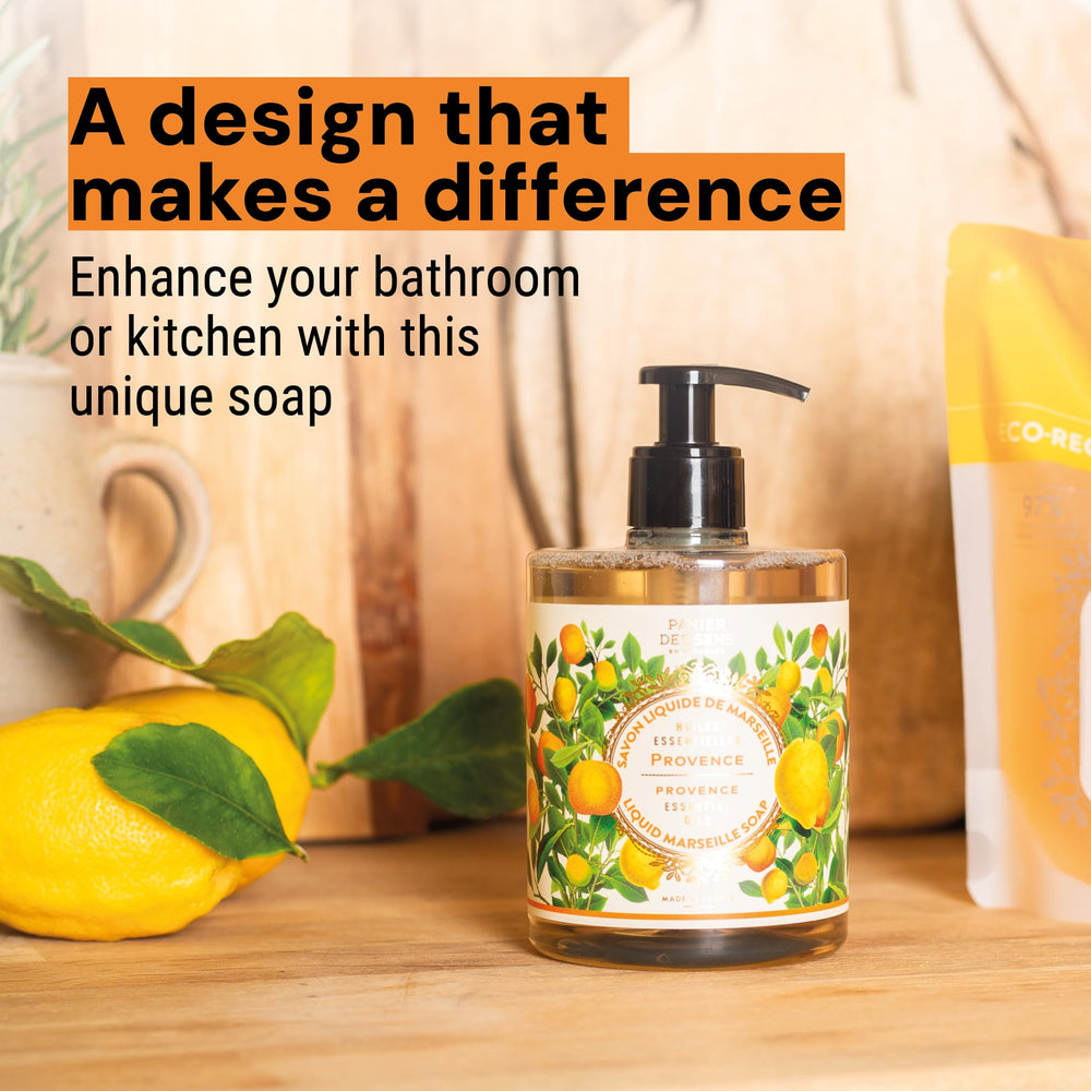 Panier des Sens hand soap on counter top ready for refill and use.