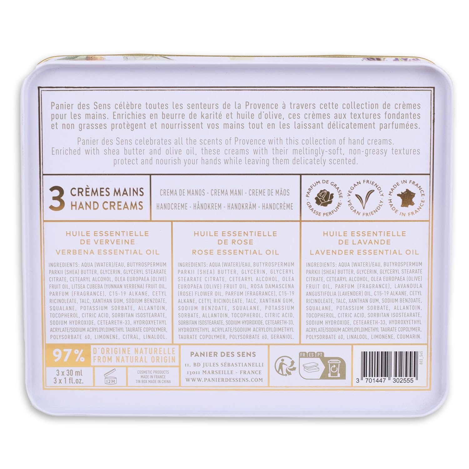 Panier des Sens mini hand cream set olive oil highlight, deep hydration notes.