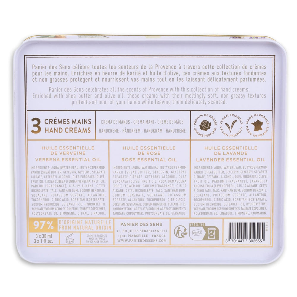 Panier des Sens mini hand cream set olive oil highlight, deep hydration notes.