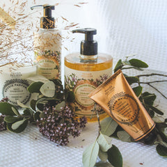 Panier des Sens Verbena Hand Cream ingredients scene highlights 97% natural ingredients.