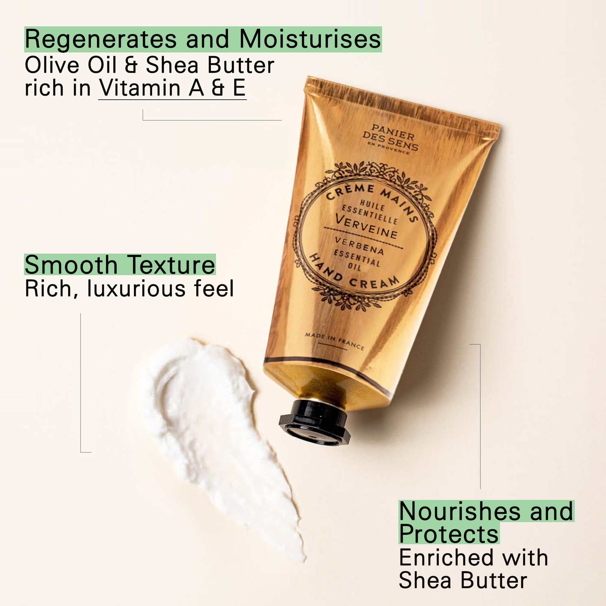 Panier des Sens Verbena Hand Cream texture close-up reveals rich, nourishing cream.