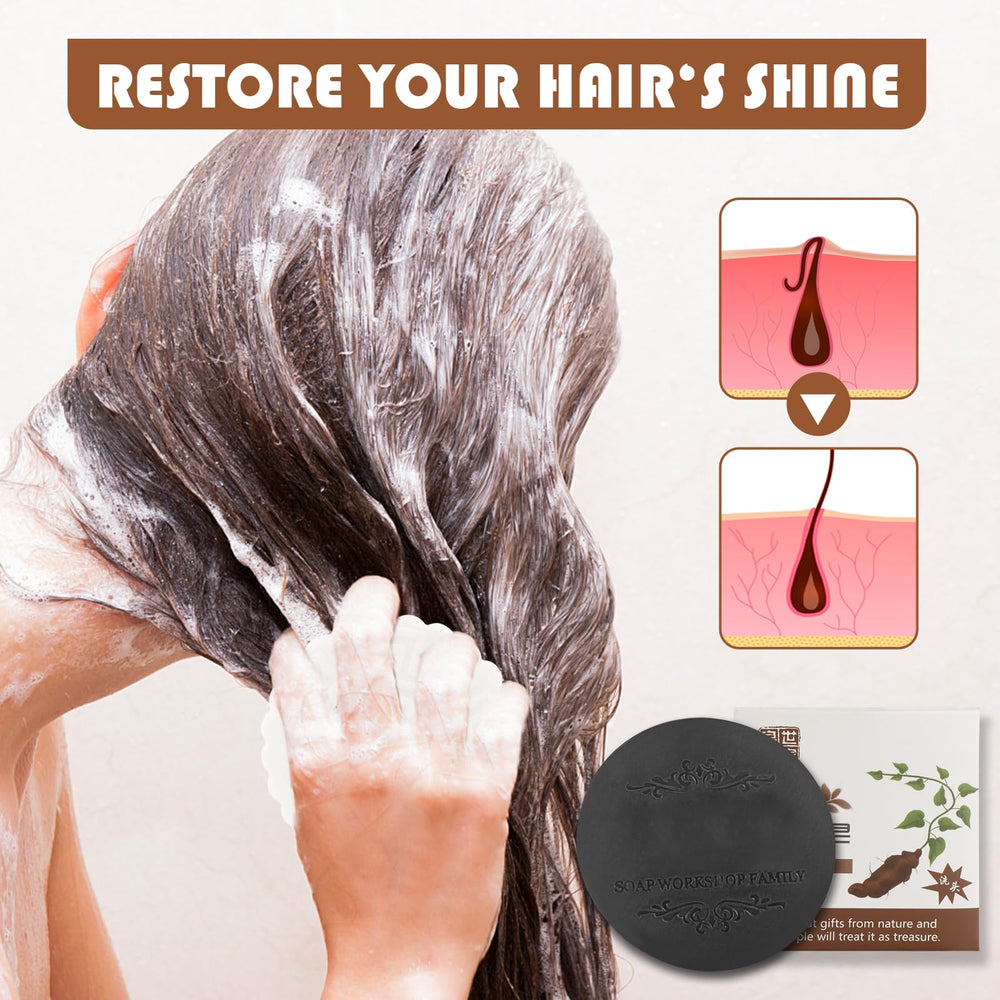 Panmall Fallopia Multiflora Shampoo Bar lathering on wet hair demonstrates creamy cleansing.