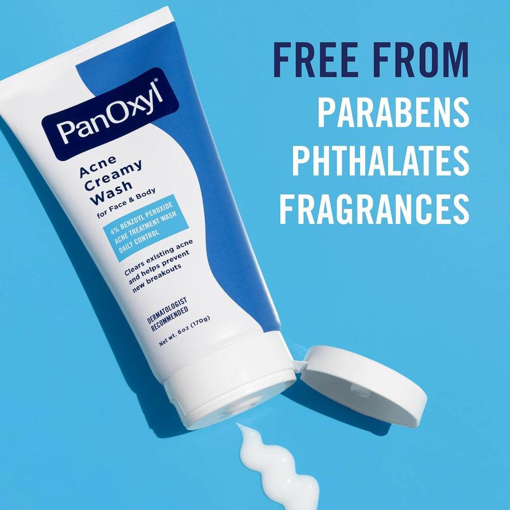 PanOxyl 4% benzoyl peroxide closeup illustrating acne-fighting ingredient in a creamy formula.