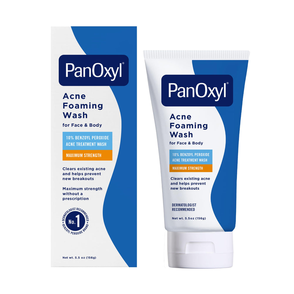 PanOxyl front tube showing 10% benzoyl peroxide and clear benefit
