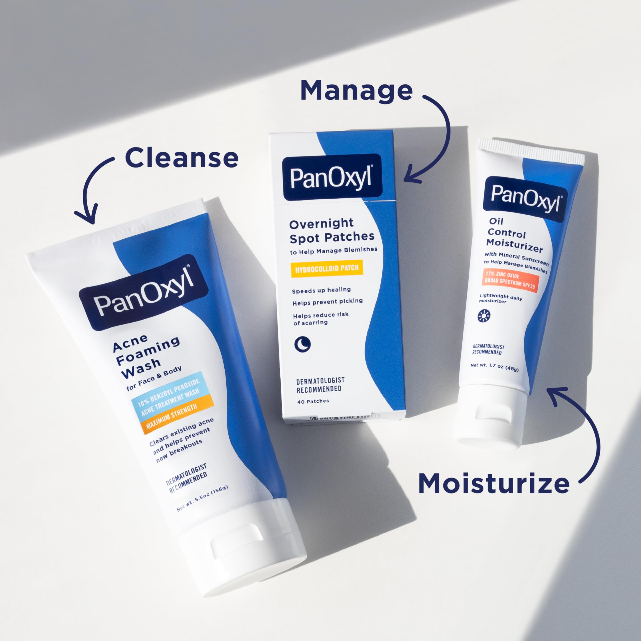PanOxyl tube on bathroom shelf signaling daily skincare routine benefit