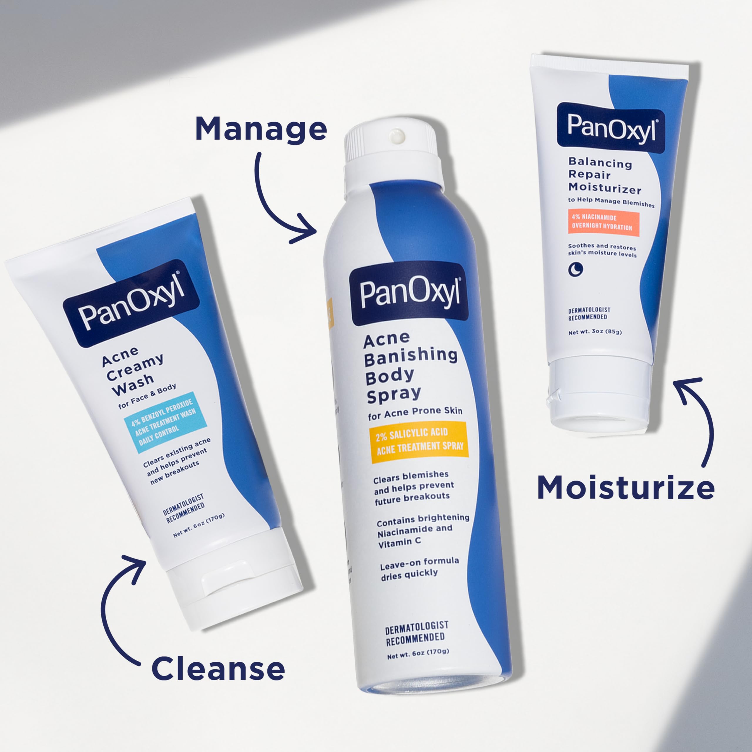 PanOxyl sprayed on shoulder blade illustrating targeted treatment benefit