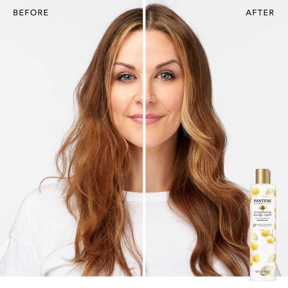 Pantene castor oil shampoo close-up highlighting strengthening formula