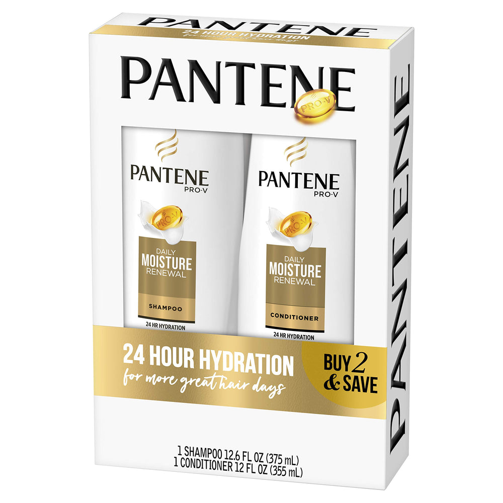 Pantene Daily Moisture Renewal Duo conditioner tube close-up for silky, hydrated ends.