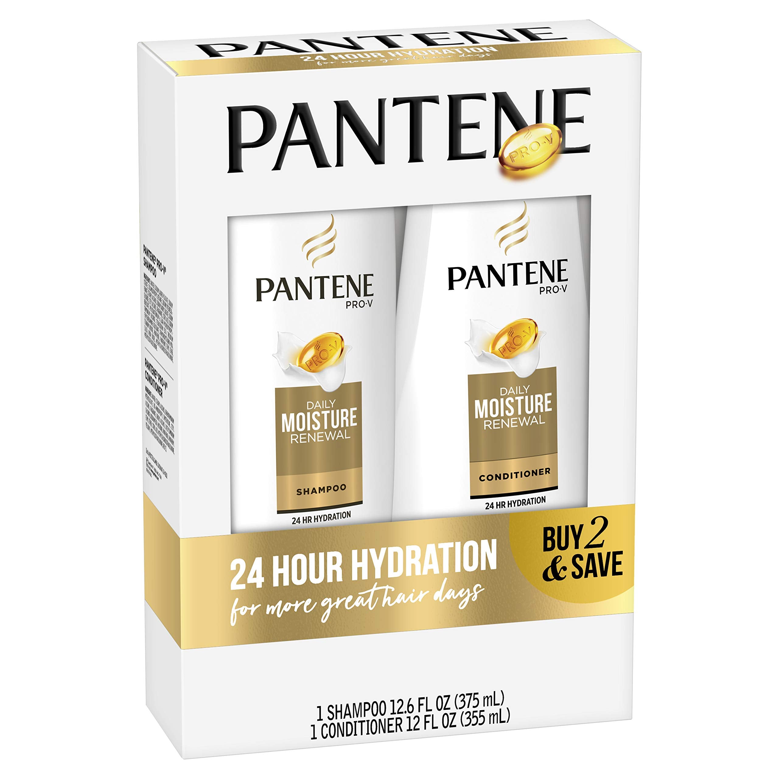 Pantene Daily Moisture Renewal Duo pack showing shampoo and conditioner for daily routine.