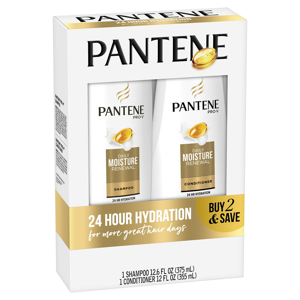 Pantene Daily Moisture Renewal Duo pack showing shampoo and conditioner for daily routine.