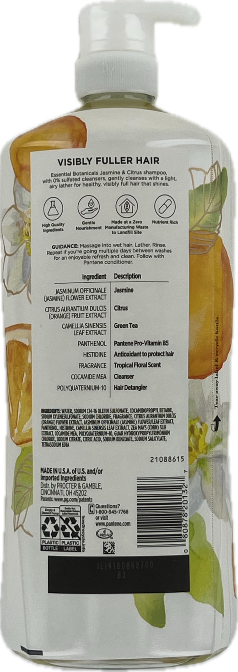 Pantene Essential Botanicals Jasmine & Citrus Shampoo lather shows gentle cleanse for fuller hair.