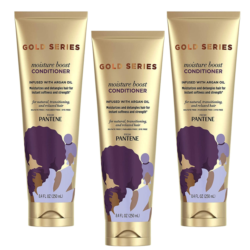 Pantene Gold Series Moist Boost Conditioner application shot suggests easy detangling results.