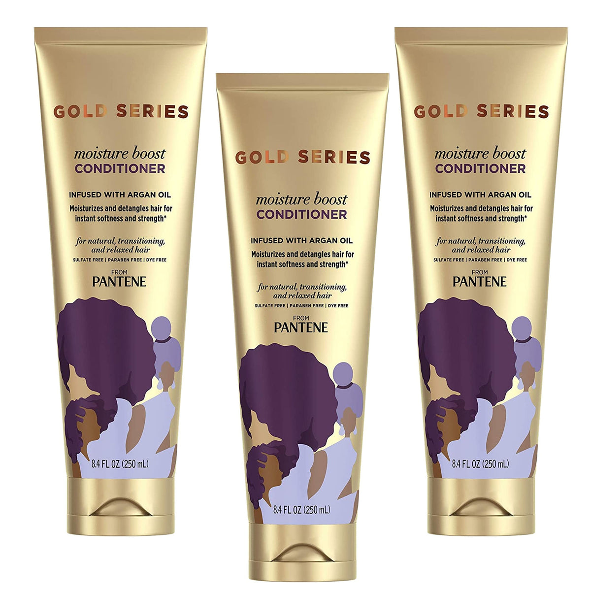 Pantene Gold Series Moist Boost Conditioner bottle highlights premium moisture for textured hair.