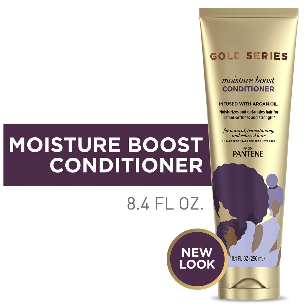 Pantene Gold Series Moist Boost Conditioner label shows product name and usage hints.