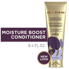 Pantene Gold Series Moist Boost Conditioner label shows product name and usage hints.