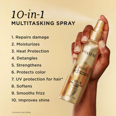 Pantene Miracle Rescue mist being applied to damp hair for detangling and protection.