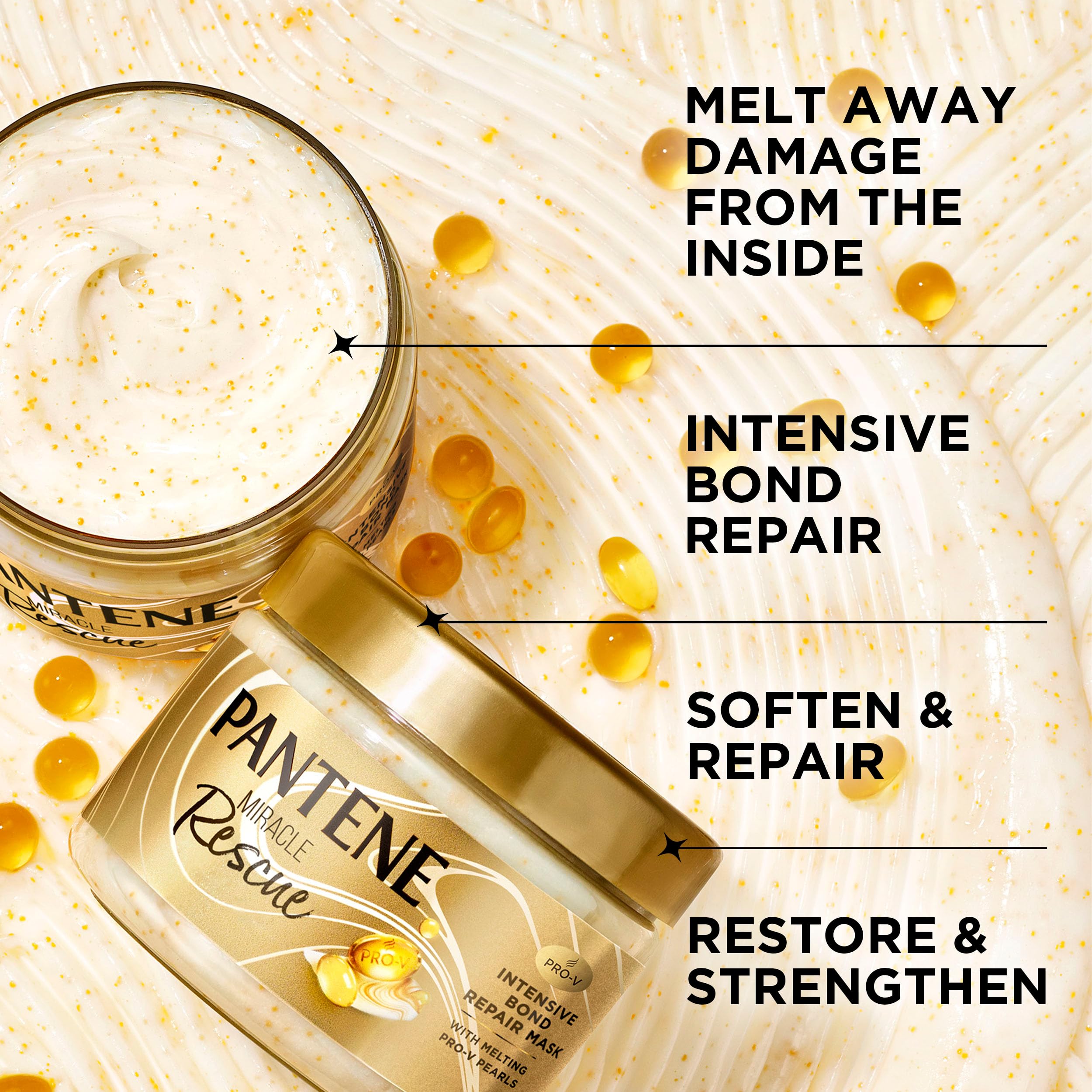 Pantene Miracle Rescue close-up of melting pearls dissolving into hair