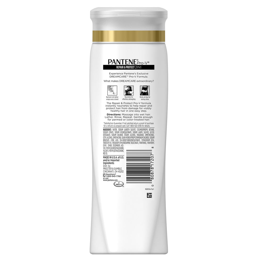 Pantene Pro-V 2in1 close-up highlighting keratin formula for smoother hair.