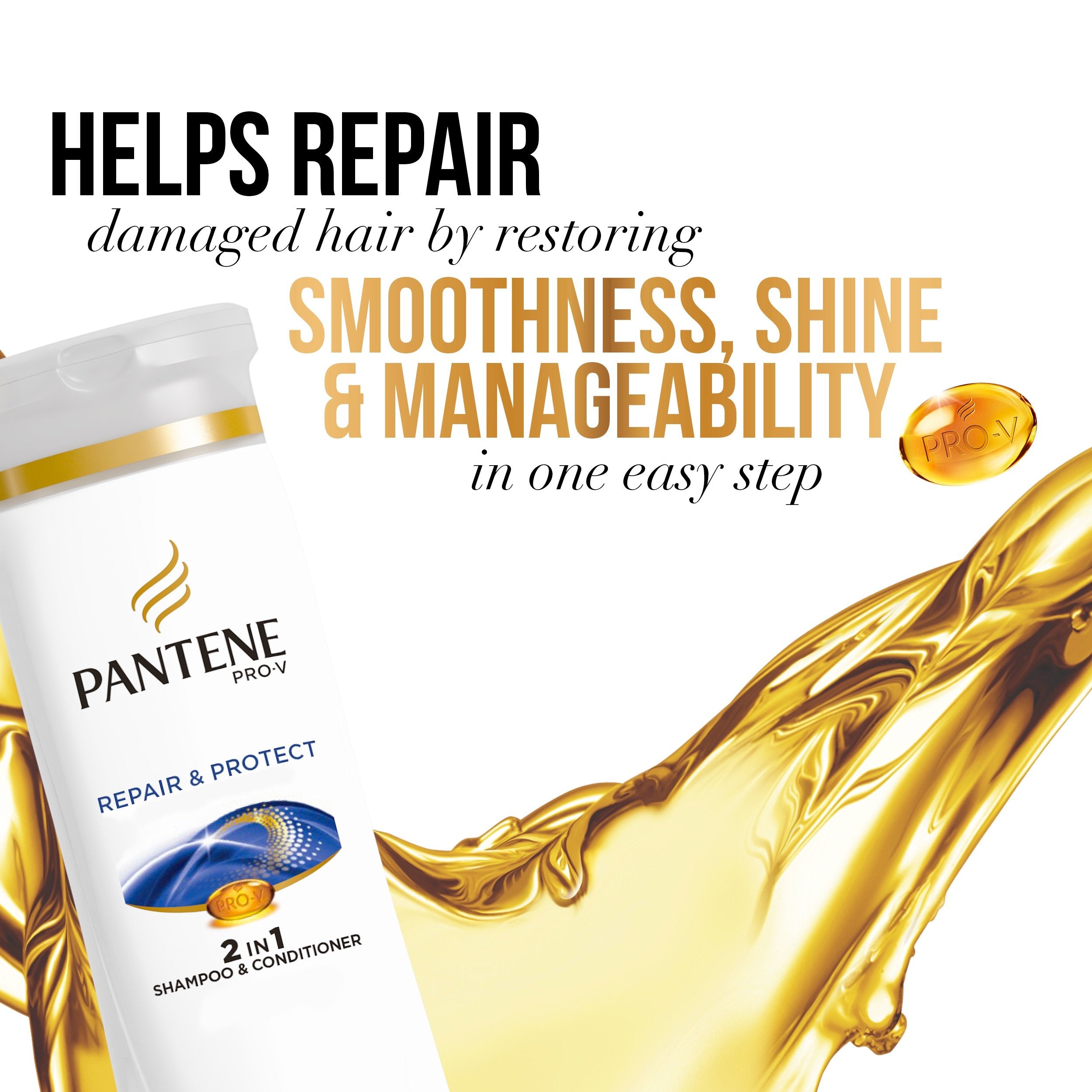 Pantene Pro-V 2in1 bottle showing lather-ready shampoo and conditioner action.