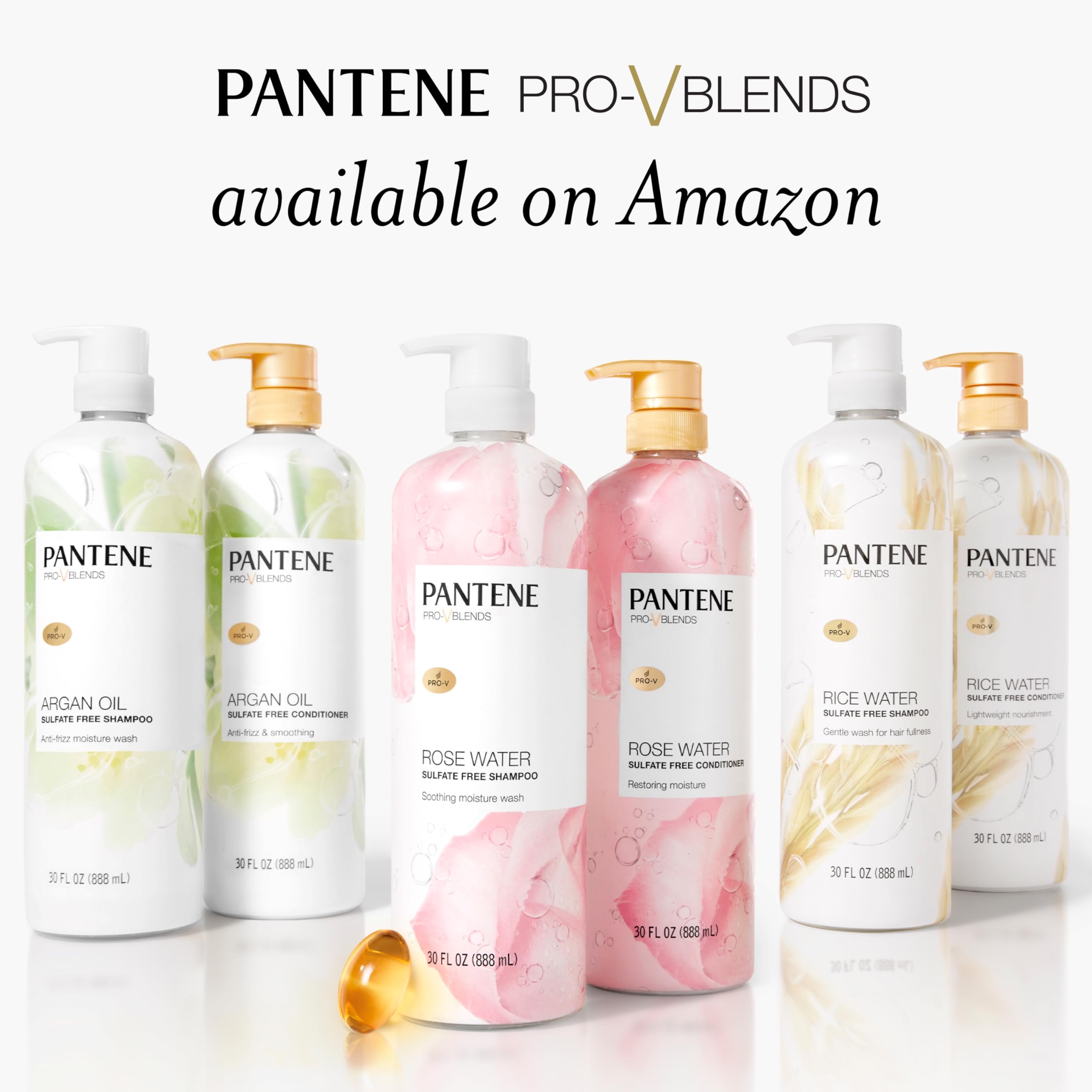 Pantene Pro-V blends rice water bottle underscores nourishing vitamins for stronger hair.