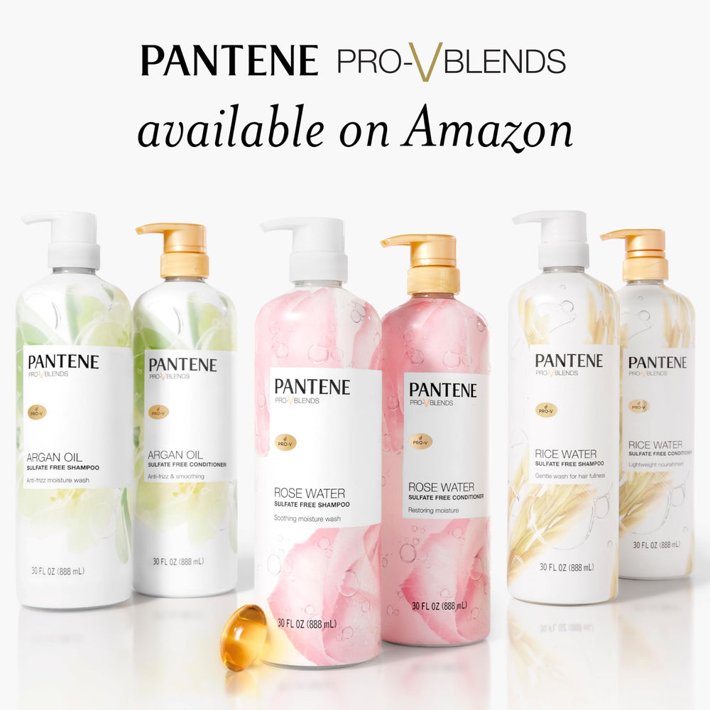 Pantene Pro-V blends rice water bottle underscores nourishing vitamins for stronger hair.