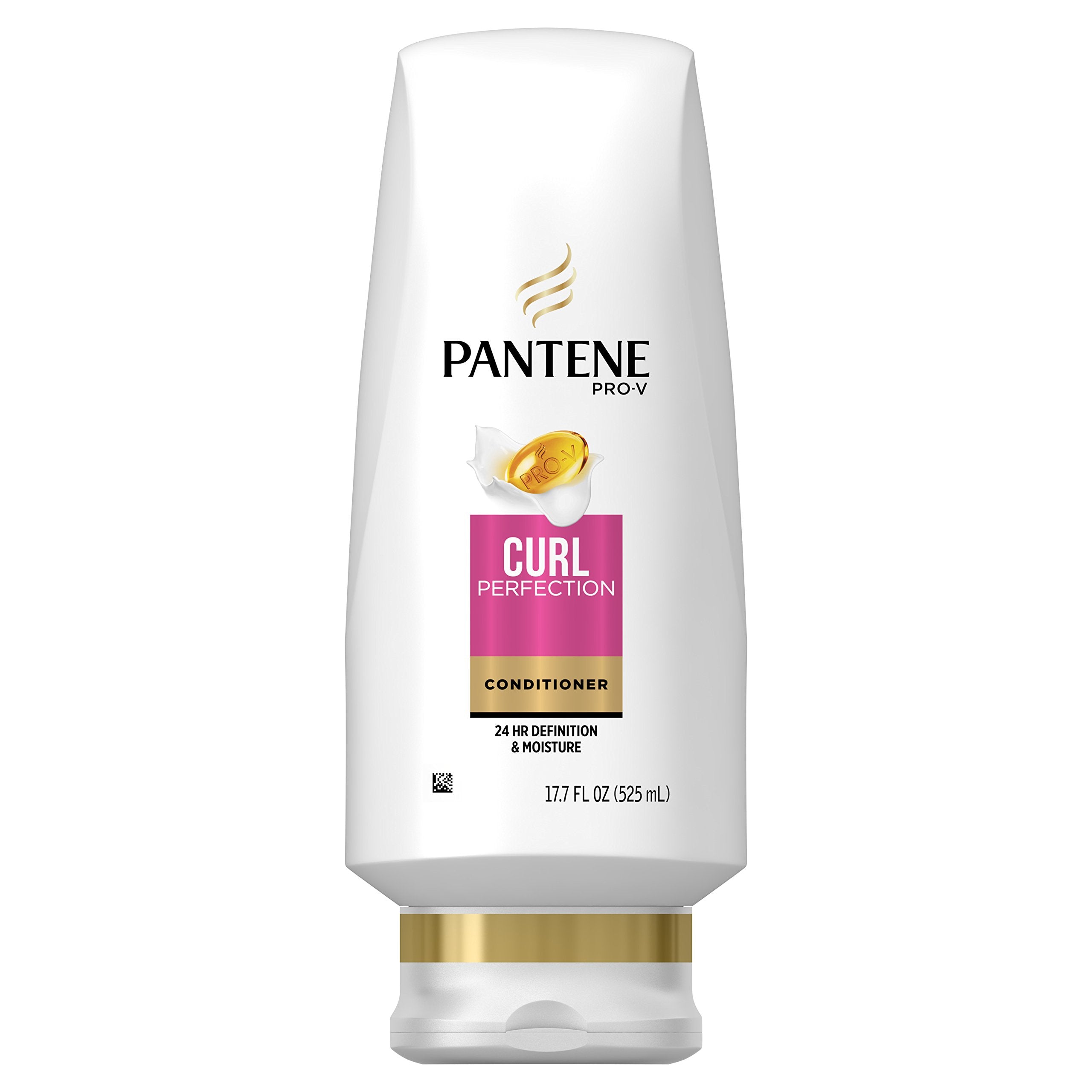 Pantene Pro-V Curl Perfection conditioner bottle closeup for defined, frizz-free curls.