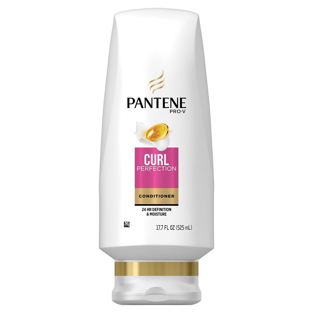 Pantene Pro-V Curl Perfection conditioner bottle closeup for defined, frizz-free curls.