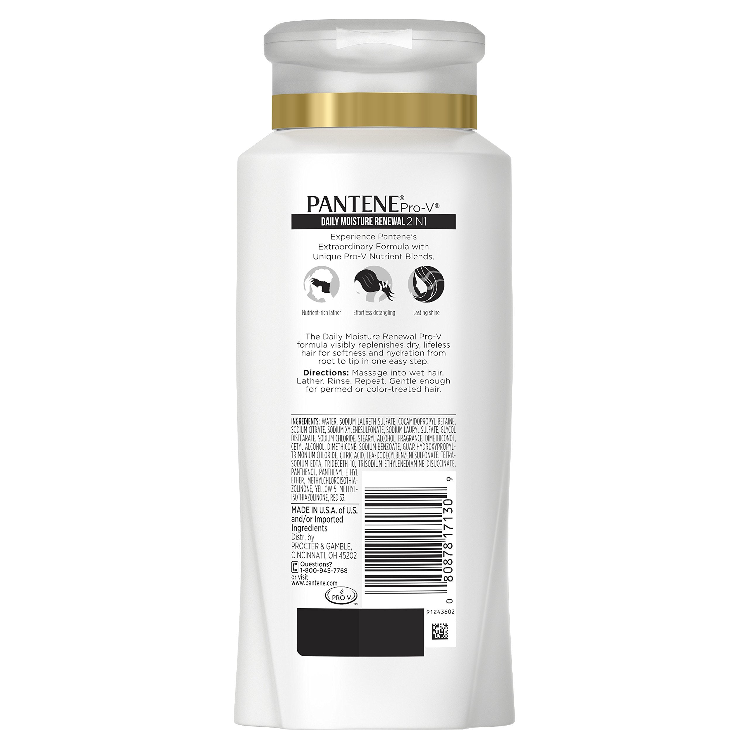 Pantene Pro-V Daily Moisture Renewal bottle back highlights Pro-V nutrients and antioxidants.