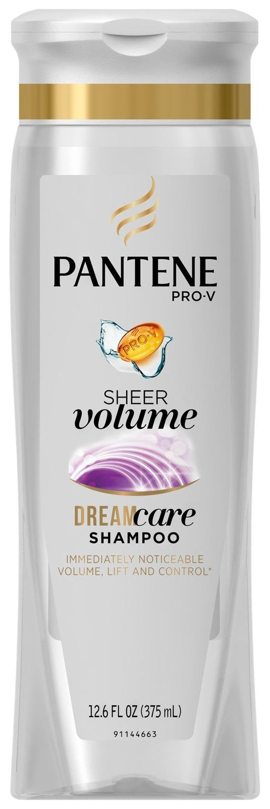 Pantene Pro-V Fine Hair Sheer Volume Shampoo bottle pour promotes voluminous, lifted hair.