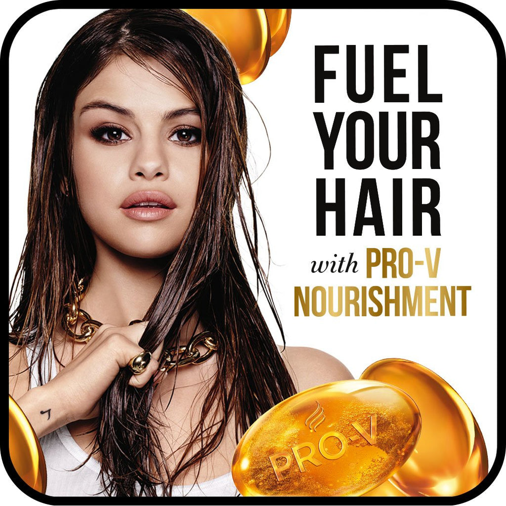 Pantene Pro-V bottle highlights nourishing care for healthy-looking hair.
