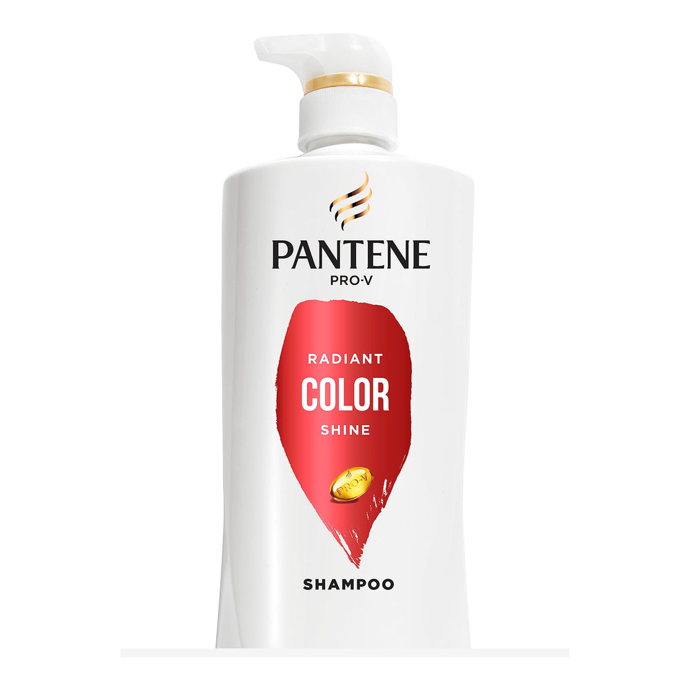 Pantene PRO-V Radiant Color Shine shampoo bottle boosts color protection and shine.