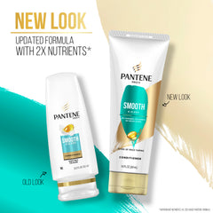Pantene Pro-V Smooth Conditioner bottle demonstrates frizz control for sleek hair.