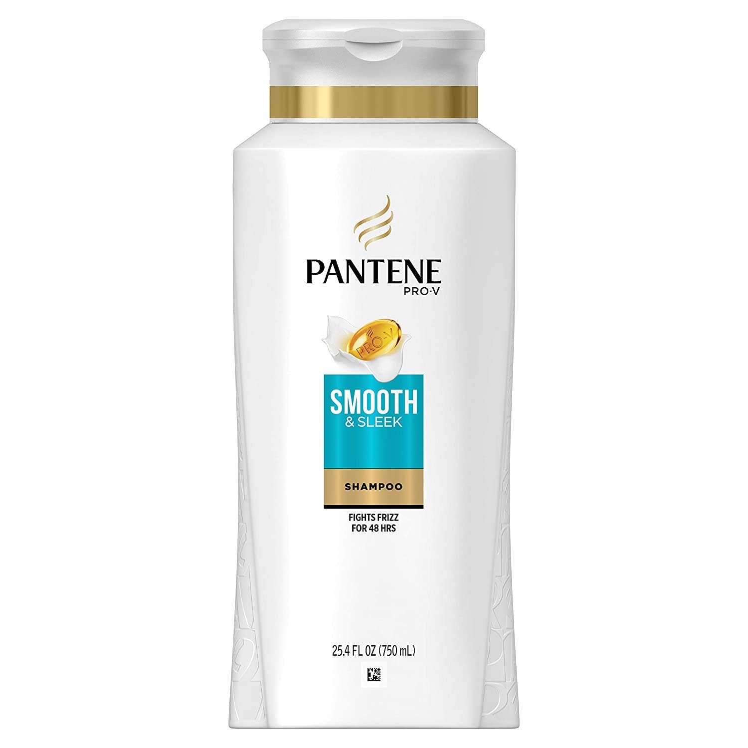 Pantene Pro-V Smooth & Sleek shampoo bottle close-up showing hydration and frizz control.