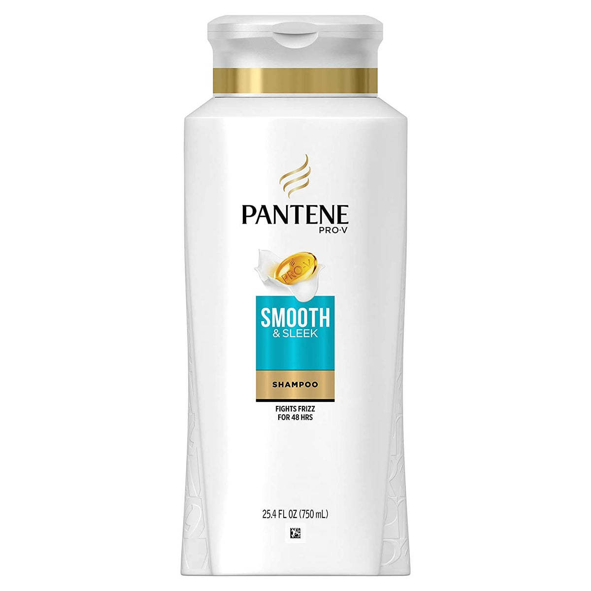 Pantene Pro-V Smooth & Sleek shampoo bottle close-up showing hydration and frizz control.