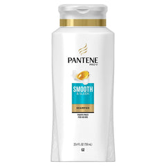 Pantene Pro-V Smooth & Sleek shampoo bottle close-up showing hydration and frizz control.