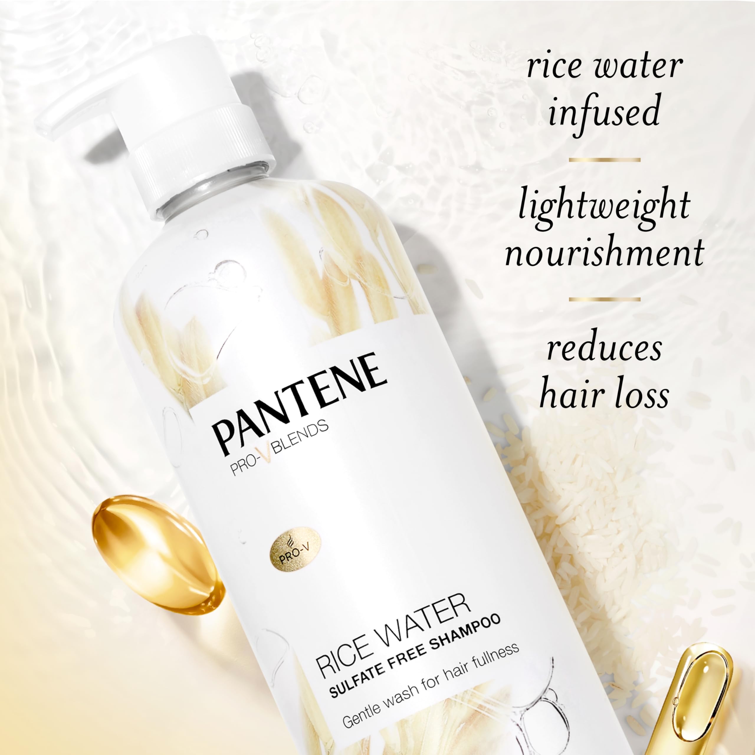 Pantene rice water shampoo color-safe label signals protection for color-treated locks.