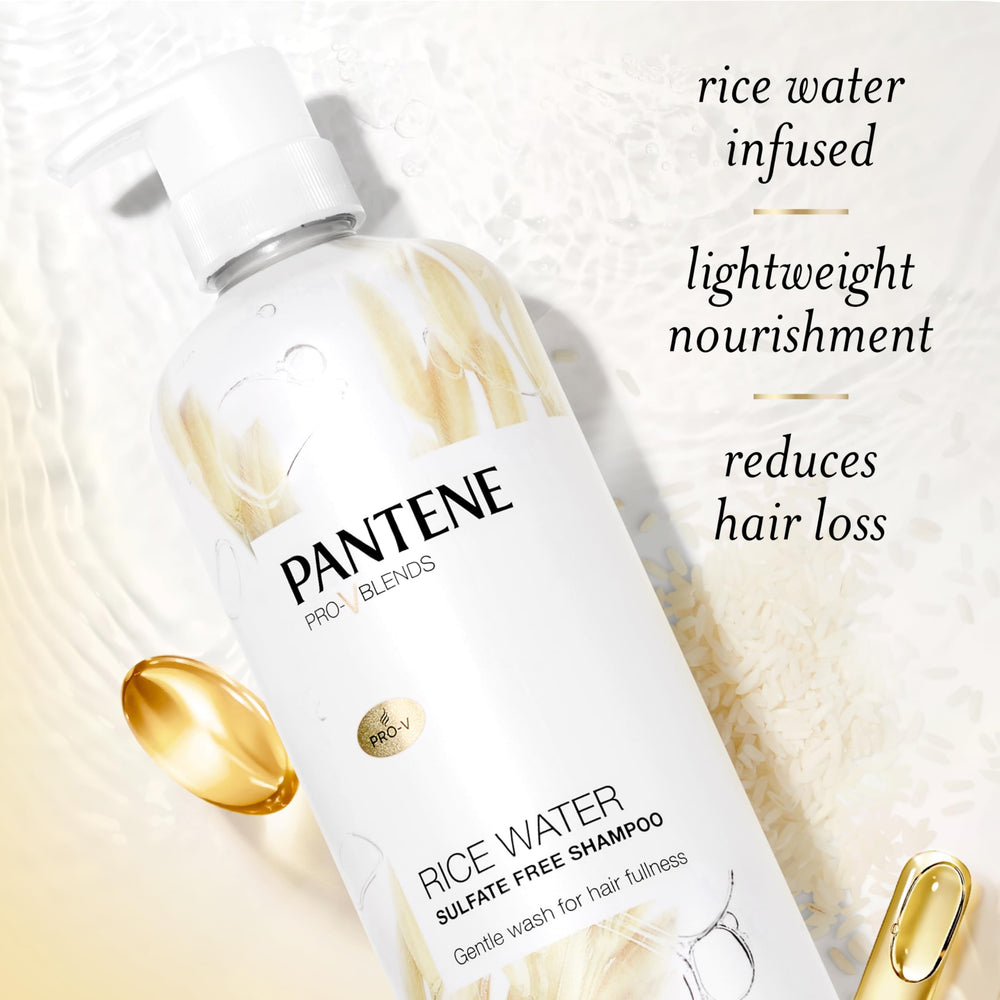 Pantene rice water shampoo color-safe label signals protection for color-treated locks.