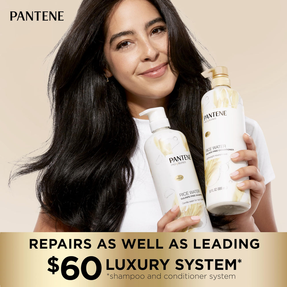 Pantene rice water shampoo ingredients close-up emphasizes rice water and Vitamin B5 benefits.