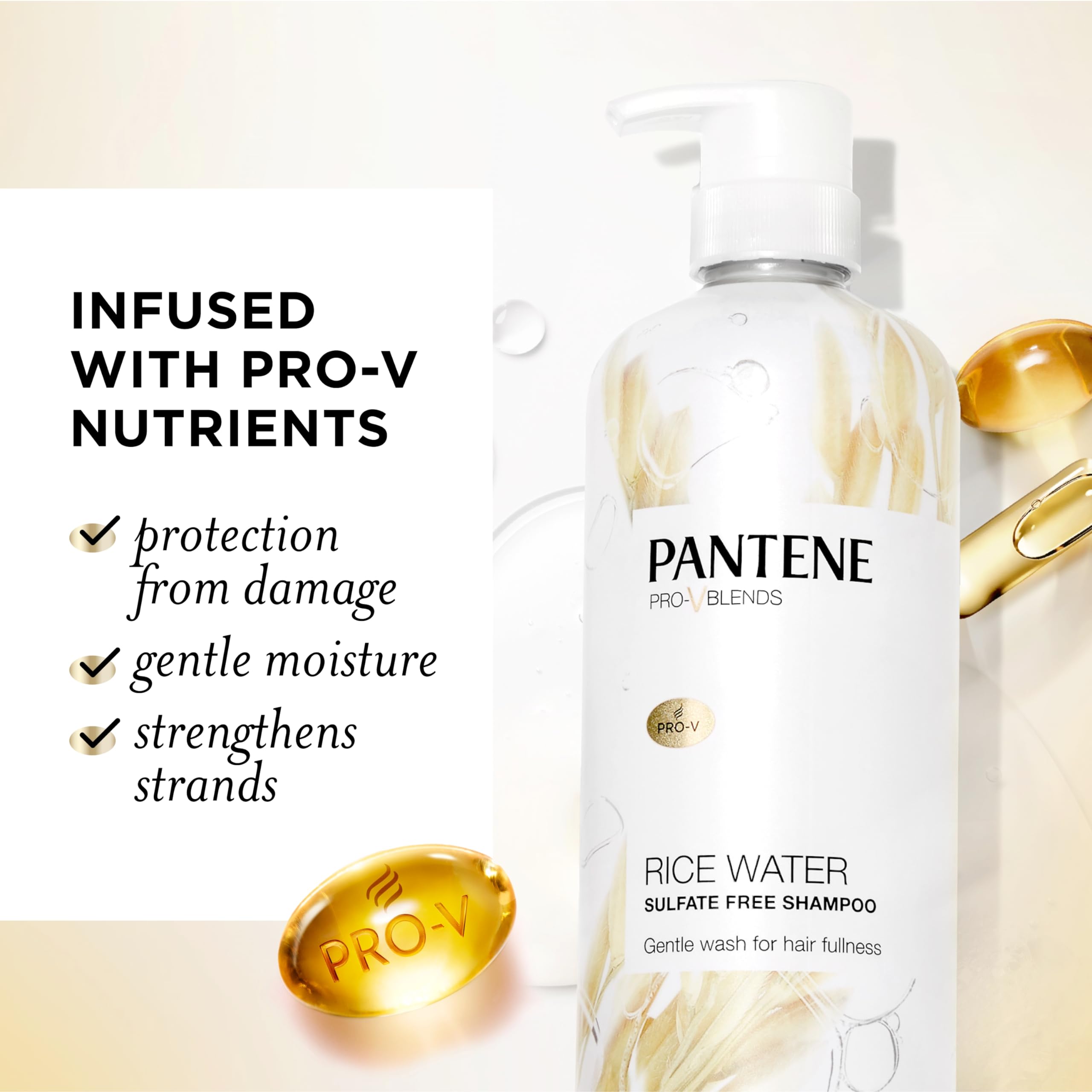 Pantene rice water shampoo pump demonstrates easy dispensing for gentle cleansing.