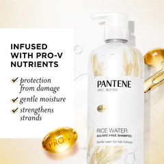 Pantene rice water shampoo pump demonstrates easy dispensing for gentle cleansing.