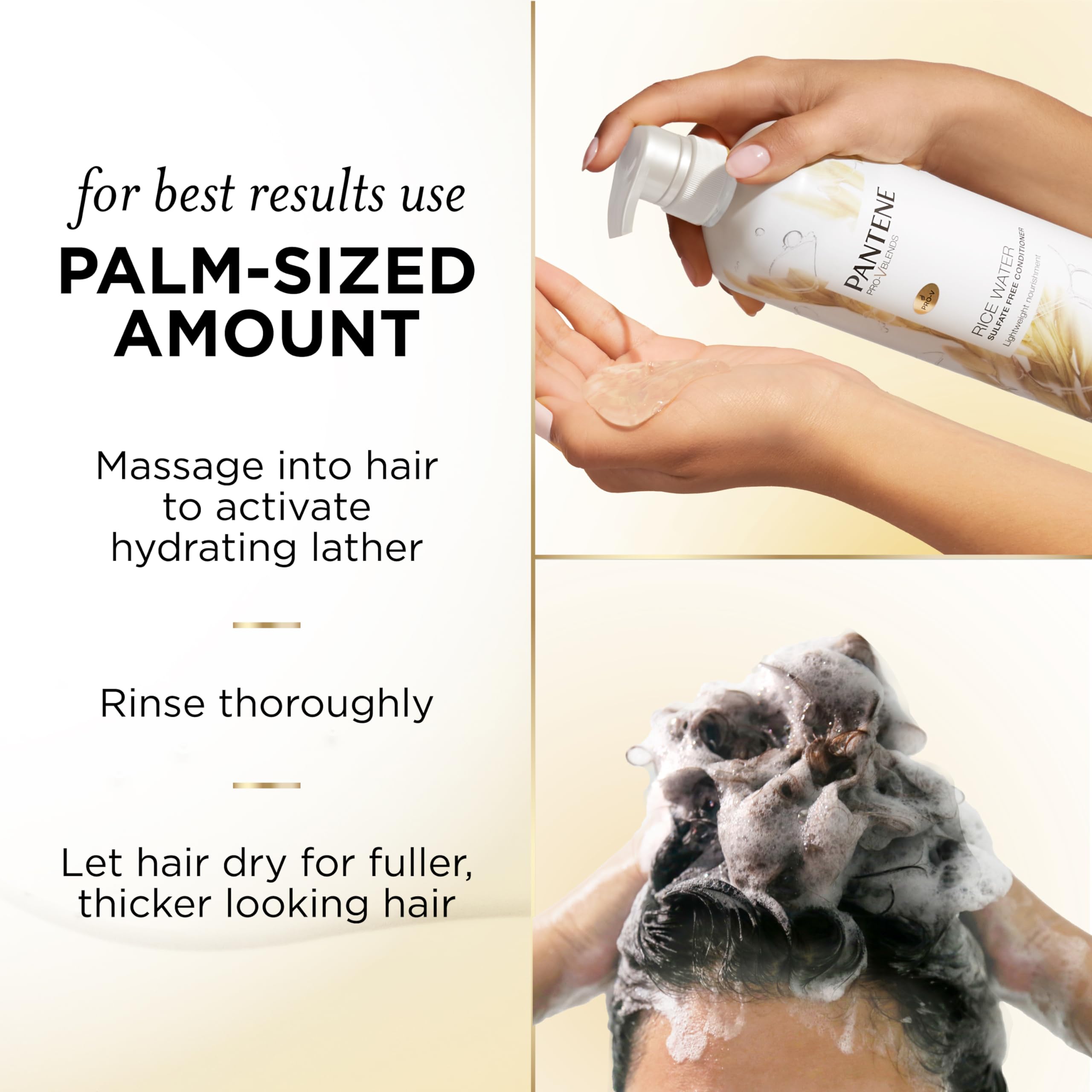 Pantene rice water shampoo on volumized hair demonstrates fuller-looking strands.