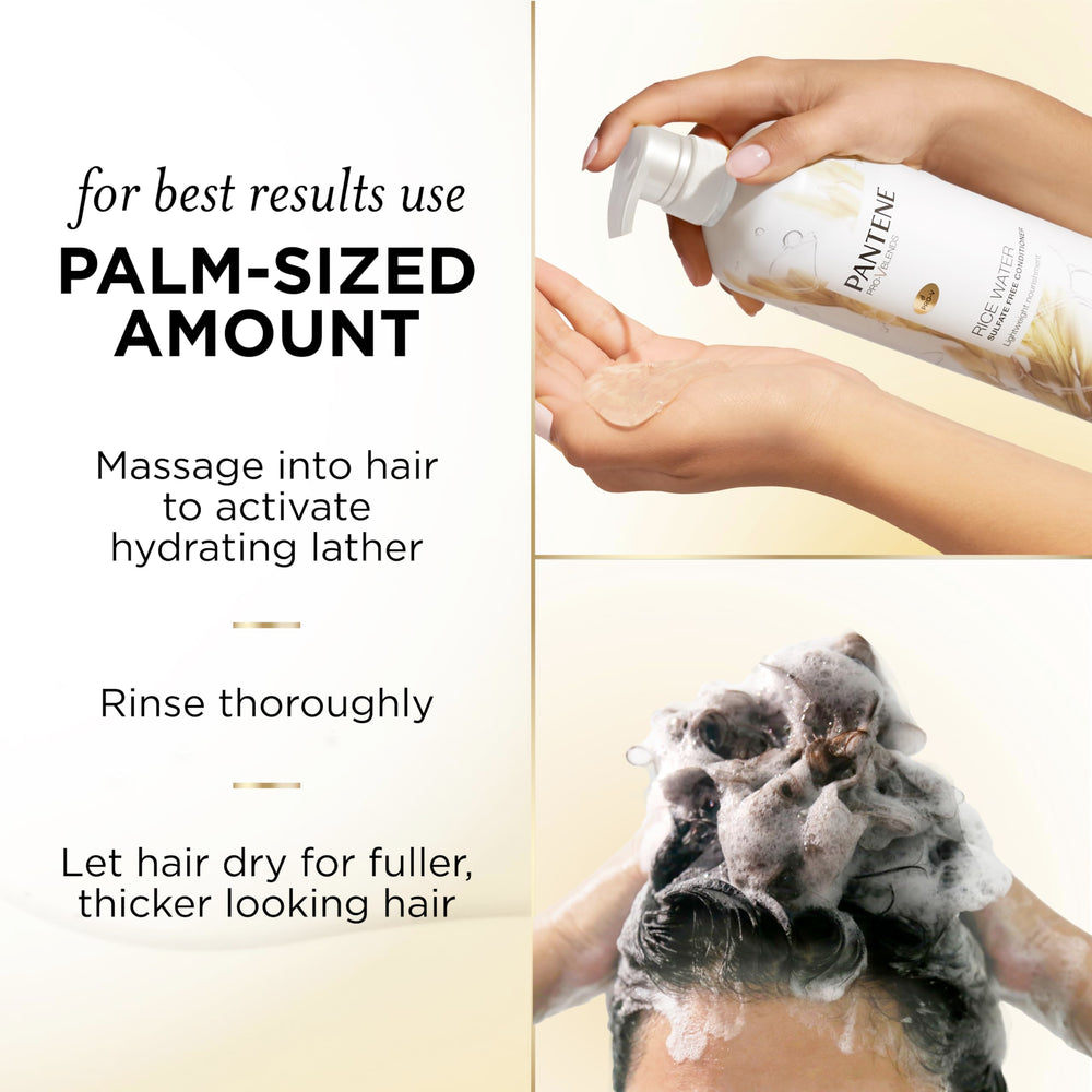Pantene rice water shampoo on volumized hair demonstrates fuller-looking strands.