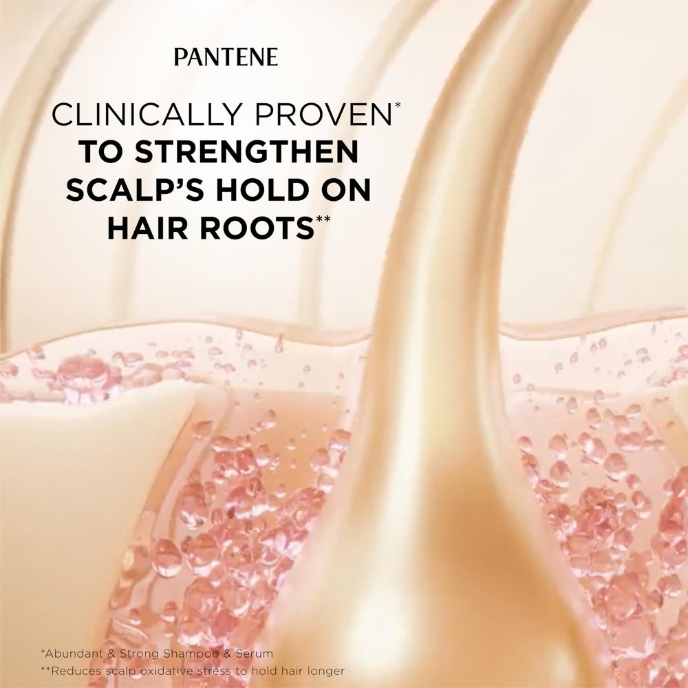Pantene serum positioned with shampoo and conditioner showing full-system benefit