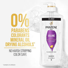 Pantene Volume & Body conditioner bottle demonstrates detangling and lasting fullness.