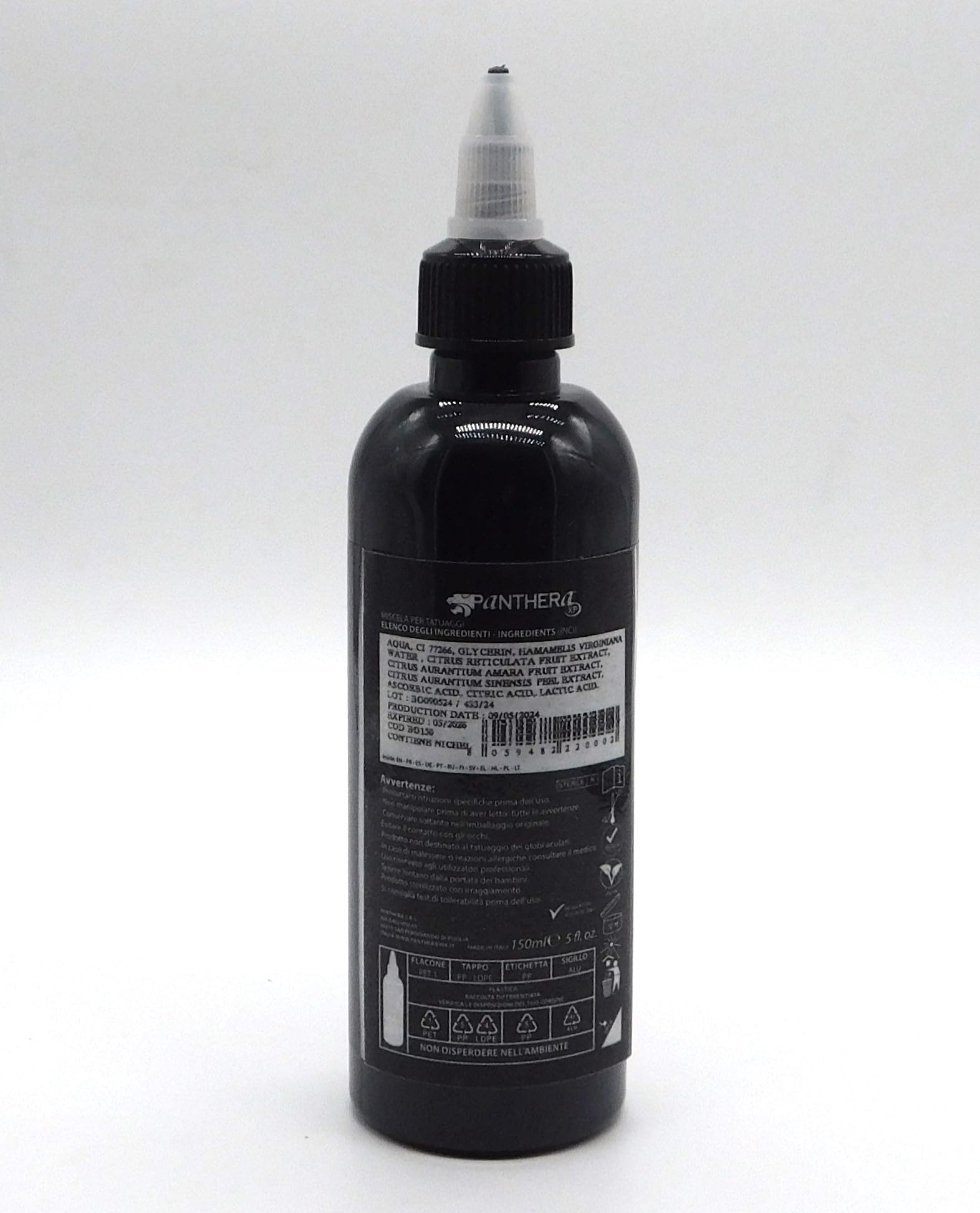 Panthera Black BLK Gold bottle label close-up highlights Italian-made quality and safety standards.