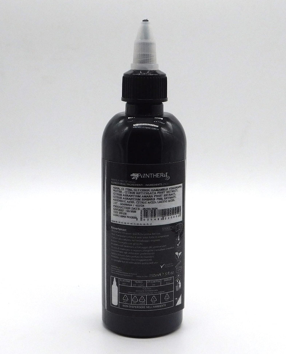Panthera Black BLK Gold bottle label close-up highlights Italian-made quality and safety standards.